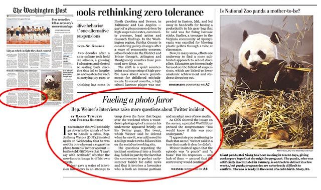 And Weinergate makes it to the front page of the Washington Postâwhat is the WaPo trying to imply by putting an article about the speculation of a possible Weiner wiener picture next to a photograph of a possibly pregnant panda?